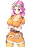  1girl belt breasts brown_eyes bucchake_(asami) cleavage commentary dragon_quest dragon_quest_dai_no_daibouken frown gloves goggles goggles_on_head jewelry long_hair looking_at_viewer maam necklace pink_hair short_sleeves solo utility_belt white_background 