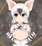  1girl aardwolf_(kemono_friends) aardwolf_ears aardwolf_print absurdres bare_shoulders black_hair blush breasts closed_mouth collared_shirt elbow_gloves eyebrows_visible_through_hair facing_viewer flying_sweatdrops furrowed_eyebrows gloves grey_eyes hands_up high_ponytail highres kemono_friends long_hair looking_to_the_side multicolored_hair necktie nipples no_bra open_clothes open_shirt print_gloves print_shirt shiny shiny_skin shirt sleeveless sleeveless_shirt small_breasts solo trembling two-tone_hair white_hair wing_collar wonderful_waon 