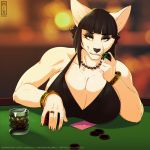  2020 anthro big_breasts black_hair breasts canid canine card cleavage clothed clothing female hair huge_breasts llmixll mammal poker_chip solo yellow_eyes 