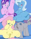  afelwft anus blue_background blush butt clitoris equid equine feral fluttershy_(mlp) friendship_is_magic genitals group hasbro hi_res horn looking_back mammal maud_pie_(mlp) my_little_pony pussy raised_leg simple_background spread_legs spreading starlight_glimmer_(mlp) teats trixie_(mlp) unicorn 