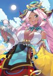  1girl bangle blue_eyes bracelet breasts cleavage crown cup dark_skin detached_sleeves goblet gochiwa hathor_(p&amp;d) highres holding holding_tray horns jewelry large_breasts long_hair mug necklace one_eye_closed open_mouth pink_hair puzzle_&amp;_dragons skirt solo sun tray very_long_hair 