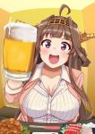  1girl ahoge alcohol alternate_costume aoi_manabu bangs beer beer_mug blush breasts brown_hair chopsticks cleavage cup double_bun eyebrows_visible_through_hair fisheye food headgear holding jacket kantai_collection kongou_(kantai_collection) large_breasts long_hair long_sleeves mug open_mouth pink_jacket purple_eyes sidelocks solo sweat table twitter_username upper_body 