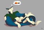  2018 4_toes 5_fingers bean_bag blue_bean_bag blue_body blue_fur bottomless cheese claws clothed clothing dairy_products dream eyes_closed fingers food fur green_clothing green_shirt green_topwear grey_background lying male napping on_back relaxing sergal sergal_taur shirt simple_background sleeping solo taur toes topwear white_body white_claws white_fur zarakon zarakon_(character) 