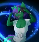  2017 5_fingers anthro breasts clothed clothing digital_media_(artwork) equid equine fan_character female fingers hair hasbro headphones hi_res horn mammal my_little_pony purple_eyes purple_hair reysi smile solo tongue unicorn 