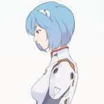  1girl ayanami_rei blue_hair bodysuit breasts closed_mouth english_commentary hair_ornament miura-n315 neon_genesis_evangelion plugsuit red_eyes short_hair simple_background solo white_bodysuit 