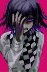  1boy anger_vein bangs checkered checkered_neckwear checkered_scarf clenched_teeth danganronpa gradient_hair hair_between_eyes hand_in_hair hand_on_own_face highres joh_pierrot long_sleeves male_focus multicolored_hair new_danganronpa_v3 ouma_kokichi pink_background purple_eyes purple_hair scarf signature simple_background solo straitjacket teeth upper_body 