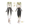  1girl alternate_costume aqua_eyes bangs character_sheet chinese_commentary detached_sleeves eyebrows_visible_through_hair from_behind green_hair hatsune_miku headset high_heels highres multiple_views open_hands rzx0 smile solo twintails vocaloid white_footwear 
