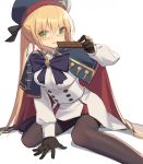  1girl artoria_pendragon_(all) artoria_pendragon_(caster) bangs beret black_gloves blonde_hair blue_cape blue_headwear blush brown_legwear candy cape chocolate chocolate_bar closed_mouth commentary_request dress eyebrows_visible_through_hair fate/grand_order fate_(series) food gloves green_eyes hair_between_eyes hat holding holding_food kildir long_sleeves looking_at_viewer pantyhose pleated_dress puffy_long_sleeves puffy_sleeves red_cape shadow smile solo twintails white_background white_dress 