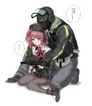  1boy 1girl absurdres bandit_(rainbow_six_siege) commentary_request crossover girls_frontline gun h&amp;k_mp7 highres mp7_(girls_frontline) pantyhose rainbow_six_siege red_hair sanso_(kasyawamoti) submachine_gun translation_request weapon yellow_eyes 