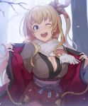  1girl ;d blonde_hair blue_eyes breasts commentary_request granblue_fantasy hair_ornament hair_ribbon hinami_(hinatamizu) large_breasts long_hair looking_at_viewer mirin_(granblue_fantasy) one_eye_closed open_mouth red_ribbon ribbon scarf side_ponytail smile solo white_scarf winter_clothes 