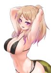  1girl african_rock_python_(kemono_friends) akaisuto areola_slip areolae armpits arms_behind_head arms_up bare_arms bikini black_bikini black_swimsuit blonde_hair breasts covered_nipples eyebrows_visible_through_hair fang groin halterneck high_ponytail highres kemono_friends long_hair looking_at_viewer micro_bikini multicolored_hair navel open_mouth purple_eyes purple_hair sideboob simple_background skindentation slit_pupils smile snake_tail solo stomach swimsuit tail two-tone_hair upper_body white_background 