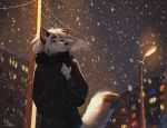  2020 5_fingers anthro black_nose blue_eyes breasts canid canine detailed_background digital_media_(artwork) eyebrows eyelashes female fingers fox hair koul mammal night outside smile snow snowing solo street_lamp white_hair 
