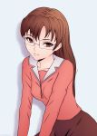  1girl azumanga_daioh breasts brown_eyes brown_hair closed_mouth english_commentary glasses long_hair looking_at_viewer miura-n315 mizuhara_koyomi school_uniform simple_background solo 