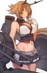  1girl bare_arms breasts brown_hair cleavage closed_mouth collar finger_to_mouth flipped_hair gloves headgear kantai_collection large_breasts looking_at_viewer metal_collar mutsu_(kantai_collection) navel one_eye_closed pleated_skirt rigging short_hair simple_background skirt smile smokestack solo striped striped_skirt suzuka_(suzuka9111) turret white_background white_gloves yellow_eyes 