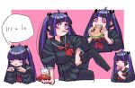  1girl bangs black_hair black_legwear black_nails blunt_bangs breasts chuo8008 english_text eyebrows_visible_through_hair eyelashes eyeliner food french_fries hamburger heart heart-shaped_pupils highres makeup middle_finger open_mouth original pleated_skirt purple_eyes purple_hair school_uniform serafuku skirt symbol-shaped_pupils teeth twintails uniform 