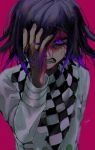  1boy anger_vein bangs blood blood_on_face checkered checkered_neckwear checkered_scarf clenched_teeth danganronpa gradient_hair hair_between_eyes hand_in_hair hand_on_own_face highres joh_pierrot long_sleeves male_focus multicolored_hair new_danganronpa_v3 ouma_kokichi pink_background purple_eyes purple_hair scarf signature simple_background solo straitjacket teeth upper_body 