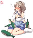  1girl alternate_costume apron blue_apron blue_bow blue_neckwear blue_skirt bottle bow bowtie brown_eyes checkered_apron drunk employee_uniform gingham gingham_apron grey_hair highres holding holding_bottle kanon_(kurogane_knights) kantai_collection kobeya kobeya_uniform plaid plaid_apron pleated_shirt pola_(kantai_collection) sitting skirt solo uniform waitress wariza wavy_hair wine_bottle 