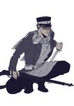  1boy azuni golden_kamuy gun hat highres holding holding_gun holding_weapon kepi male_focus military_hat rifle scar scar_on_cheek scar_on_face scar_on_mouth scar_on_nose scarf solo sugimoto_saichi weapon 