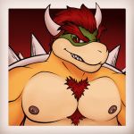  1:1 anonymous_artist anthro body_hair bowser bust_portrait chest_hair dragon hair hi_res horn koopa looking_at_viewer male mario_bros muscular muscular_anthro muscular_male nintendo nipple_piercing nipples piercing portrait red_eyes red_hair reptile scalie sharp_teeth simple_background solo spikes teeth temere_artifex turtle video_games 