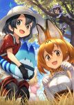  :3 :d animal_ears backpack bag bare_shoulders black_gloves black_legwear blue_sky blurry_foreground blush bow bowtie brown_eyes climbing_tree cloud common_raccoon_(kemono_friends) day elbow_gloves fennec_(kemono_friends) fox_ears fox_tail gloves grass grey_shorts guchico hat hat_feather kaban_(kemono_friends) kemono_friends looking_at_viewer lucky_beast_(kemono_friends) open_mouth orange_eyes orange_hair outdoors pantyhose paw_pose pink_skirt raccoon_ears raccoon_tail red_shirt savannah serval_(kemono_friends) serval_ears serval_print shirt short_sleeves shorts skirt sky smile tail tree white_gloves 
