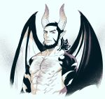  1boy abs bare_pecs beard black_hair chest_hair collarbone cropped_torso demon_boy demon_horns demon_wings facial_hair foxvulpine golden_kamuy horns incubus kiroranke limited_palette looking_at_viewer male_focus muscle nipples pectorals pointy_ears red_eyes revealing_clothes solo spot_color wings 