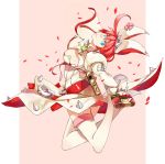  1girl ahoge blue_eyes breasts cleavage clover dress elphelt_valentine four-leaf_clover garter_straps guilty_gear guilty_gear_xrd gun highres laio large_breasts lips looking_at_viewer petals pink_background pink_hair shoes smile solo spikes thighhighs weapon wedding_dress 