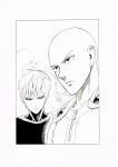  2boys absurdres bald black_sclera bodysuit border cape closed_mouth earrings genos greyscale highres jewelry monochrome multiple_boys murata_yuusuke official_art one-punch_man saitama_(one-punch_man) sanpaku short_hair white_border 