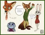  2020 absurd_res anthro barefoot border bottomwear brown_body brown_fur canid canine clothing dialogue disney duo english_text fox fur green_border green_eyes grey_body grey_fur hi_res holding_object judy_hopps lagomorph leporid mammal nick_wilde pants purple_eyes qalcove rabbit red_fox shirt simple_background smile speech_bubble standing text topwear zootopia 