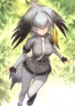  1girl ankle_boots bird_tail black_gloves blush boots closed_mouth collared_shirt cross-laced_footwear eyebrows_visible_through_hair fingerless_gloves gloves grey_footwear grey_hair grey_legwear grey_shirt grey_shorts guchico hair_between_eyes head_wings kemono_friends long_sleeves looking_at_viewer multicolored_hair necktie pantyhose shirt shoebill_(kemono_friends) short_over_long_sleeves short_shorts short_sleeves shorts side_ponytail solo tail white_neckwear wing_collar yellow_eyes 