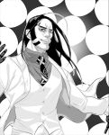  1boy black_gloves black_hair gloves golden_kamuy grey_shirt greyscale izurunet jacket long_hair long_sleeves lowres male_focus monochrome necktie oosawa_fusatarou shirt sideburns simple_background smile standing vest white_jacket white_vest 