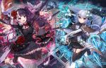  2girls akabane_(zebrasmise) bird breasts building cape commentary_request dove flower gothic_lolita hakase_fuyuki large_breasts lolita_fashion long_hair looking_at_viewer multiple_girls nijisanji official_art rose silver_hair spread_legs thighhighs twintails virtual_youtuber watermark weapon wixoss yorumi_rena 