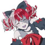  1girl ^_^ ahoge black_bow bow closed_eyes english_commentary grey_eyes hair_bow highres hololive hololive_indonesia huge_bow jisen kureiji_ollie multicolored_hair red_bow red_eyes red_hair smile solo two-tone_hair virtual_youtuber white_background yellow_eyes zombie 