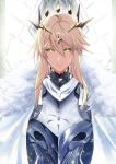  1girl armor artoria_pendragon_(all) artoria_pendragon_(lancer) blonde_hair breastplate cape cloak cross cross_hair_ornament crown expressionless fate/grand_order fate_(series) fur_collar fur_trim green_eyes hair_between_eyes hair_ornament highres kawabata_yoshihiro lips looking_at_viewer serious sidelocks solo tied_hair upper_body white_cape 