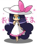  1girl aqua_eyes blue_hair dress hat lady_(pokemon) pink_ribbon pinkmaggot poke_ball pokemon pokemon_(game) pokemon_dppt ribbon tote_bag white_background white_dress 