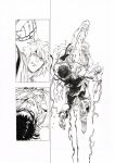  2boys absurdres action aura barefoot blank_eyes character_request clenched_teeth fighting greyscale highres medium_hair monochrome multiple_boys murata_yuusuke punching ryu_(street_fighter) scan short_hair sparks street_fighter sweat teeth traditional_media wristband 