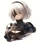  1girl blindfold bob_cut breasts cleavage cleavage_cutout closed_mouth clothing_cutout covered_eyes cropped_torso facing_viewer guchico highres medium_hair mole mole_under_mouth nier_(series) nier_automata puffy_sleeves solo white_hair yorha_no._2_type_b 