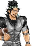  1boy bad_hand bandages bara black_hair football headband highres identity_v izurunet male_focus sketch solo sportswear standing thick_eyebrows white_background william_ellis wristband 