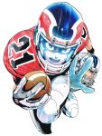  2boys ball clenched_hand eyeshield_21 football football_(object) football_helmet football_uniform gloves helmet highres holding holding_ball kobayakawa_sena looking_at_viewer multiple_boys murata_yuusuke official_art open_mouth reaching_out running scan shoulder_pads simple_background sportswear sweat traditional_media white_background 