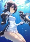  1girl absurdres air_bubble animal bird bird_tail black_hair blue_eyes blush breasts brown_eyes bubble closed_mouth cowboy_shot day eye_contact grape-kun guchico hair_between_eyes headphones highres hood hood_down hooded_jacket humboldt_penguin humboldt_penguin_(kemono_friends) jacket kemono_friends light_rays long_sleeves looking_at_another multicolored_hair outdoors penguin photoshop_(medium) pink_hair short_hair small_breasts smile streaked_hair submerged sunbeam sunlight tail tareme thighs underwater water white_hair white_jacket zipper 