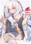  1girl aaoshigatoutoi bandaged_leg bandages bangs cake commentary dated_commentary dress food fruit girls_frontline grey_background grey_eyes hair_between_eyes highres holding holding_food holding_plate long_hair looking_at_viewer open_mouth plate ribeyrolles_1918_(girls_frontline) simple_background sitting sleeveless smile solo strawberry very_long_hair wavy_hair white_hair 
