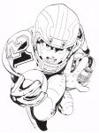  2boys ball clenched_hand eyeshield_21 football football_(object) football_helmet football_uniform gloves greyscale helmet highres holding holding_ball kobayakawa_sena looking_at_viewer monochrome multiple_boys murata_yuusuke official_art open_mouth reaching_out running scan shoulder_pads simple_background sportswear sweat traditional_media white_background 