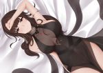  1girl absurdres arm_on_head armlet bangs bare_shoulders between_thighs blunt_bangs blush breasts brown_hair center_opening covered_navel cowboy_shot dress dsr-50_(girls_frontline) from_above girls_frontline highres jewelry large_breasts long_hair looking_at_viewer lying necklace on_back painttool_sai_(medium) pelvic_curtain red_eyes rei_no_himo see-through sidelocks smile solo suzishi_ovo very_long_hair 