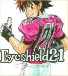  1boy black_eyes brown_hair closed_mouth copyright_name eyeshield_21 football_helmet football_uniform from_behind gloves helmet highres kobayakawa_sena looking_at_viewer looking_back murata_yuusuke official_art pants pink_shirt puffy_short_sleeves puffy_sleeves sanpaku scan shirt short_sleeves signature simple_background smile spiked_hair sportswear standing thumbs_up traditional_media white_background 