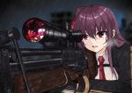  1girl bangs blurry blurry_background bullpup girls_frontline gloves gun highres koenza_botoke purple_eyes purple_hair rain reflection rifle scope sidelocks sniper_rifle solo wa2000_(girls_frontline) walther walther_wa_2000 weapon wet wet_clothes 