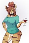  2020 absurd_res alcohol anthro beverage biped bottomless breasts brown_ears brown_hair brown_stripes clothed clothing digital_media_(artwork) eyebrows fangs felid female fur genitals green_eyes hair hair_over_eye hand_on_hip hi_res holding_beverage holding_glass holding_object machairodontine mammal multicolored_body multicolored_fur one_eye_obstructed orange_body orange_fur ponytail portrait pussy sabertooth_(anatomy) sharp_teeth simple_background smile solo striped_body striped_fur stripes teeth three-quarter_portrait white_background white_body white_fur wine wine_glass zkelle 