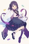  agata_(agatha) black_hair black_ribbon candy choker cross dress fangs food fukumaru_koito hair_ornament hair_ribbon highres idolmaster idolmaster_shiny_colors looking_at_viewer medium_hair open_mouth purple_eyes ribbon simple_background skin_fangs smile socks solo white_background white_legwear 