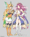  2girls angela_(seiken_densetsu_3) armor armored_boots armored_dress back_bow bangs blonde_hair blush boots bow breasts cleavage commentary_request detached_sleeves elbow_gloves garter_straps gauntlets ge-b gloves green_eyes hair_intakes high_heels leotard long_hair low-tied_long_hair multiple_girls over-kneehighs parted_bangs pauldrons pleated_skirt purple_eyes purple_hair revealing_clothes riesz seiken_densetsu seiken_densetsu_3 shin_strap shoulder_armor showgirl_skirt sidelocks skirt thighhighs tiara translation_request very_long_hair white_legwear white_leotard winged_hair_ornament 