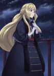  1girl blonde_hair blue_dress blue_sky cloud cloudy_sky dress from_side fur_trim gloves guchico gundam gundam_tekketsu_no_orphans hands_up kudelia_aina_bernstein long_hair long_sleeves parted_lips purple_eyes railing red_sash sash sky solo standing white_gloves 