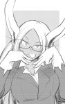  1girl animal_ears bangs bespectacled boku_no_hero_academia breasts bunny_ears business_suit closed_mouth collared_shirt commentary_request dark_skin dark_skinned_female formal glasses gloves greyscale half-closed_eyes highres large_breasts long_hair looking_at_viewer mirko monochrome nstime23 office_lady parted_bangs shirt solo suit tongue tongue_out upper_body 