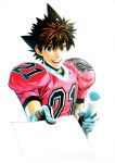  1boy :d brown_eyes brown_hair eyeshield_21 football_uniform giving gloves highres holding kobayakawa_sena looking_at_viewer murata_yuusuke official_art open_mouth round_teeth scan shoulder_pads simple_background smile solo spiked_hair sportswear teeth traditional_media white_background 